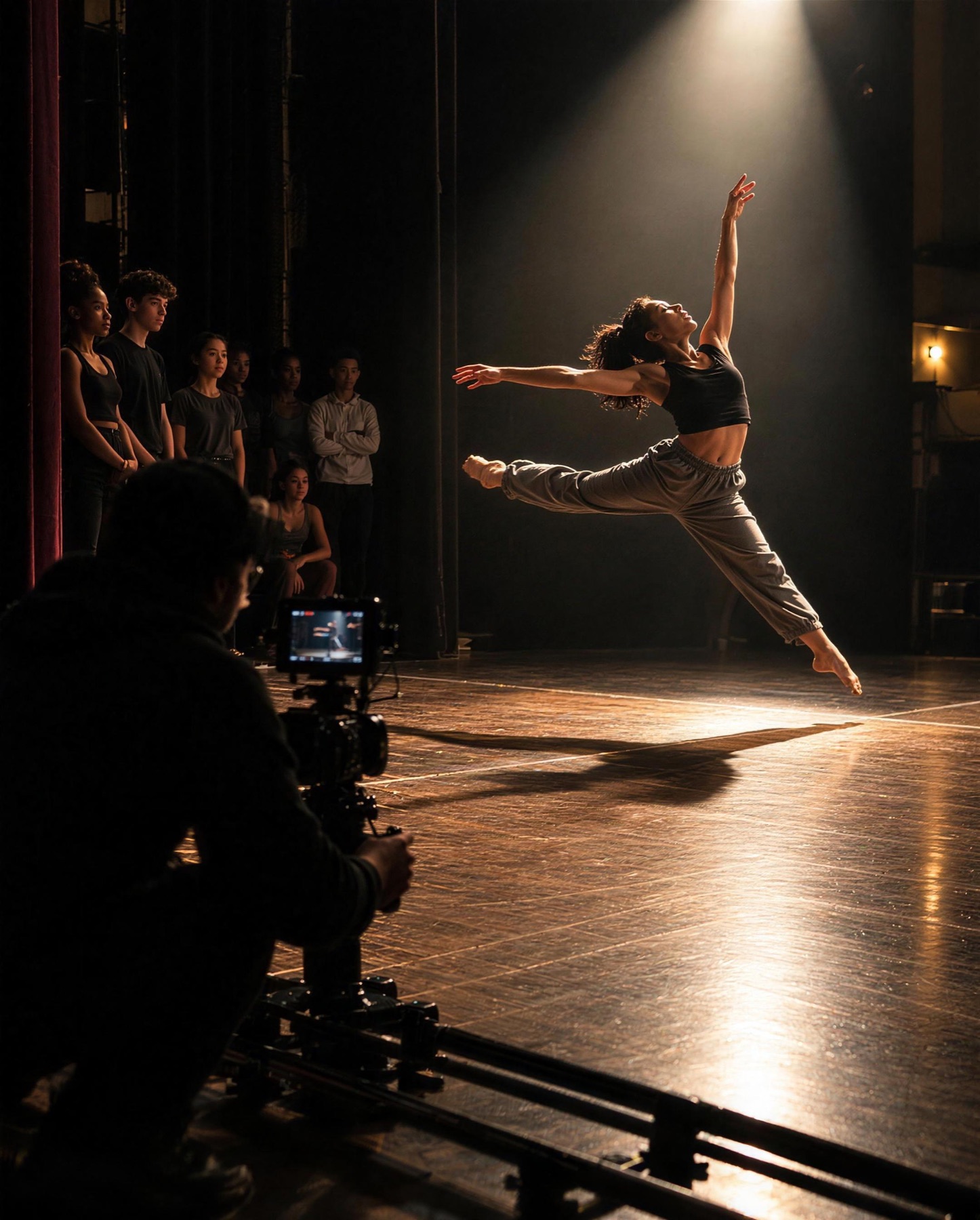 A documentary camera operator on a slider films a student dancer mid-leap under a single spotlight while her team watches from the wings