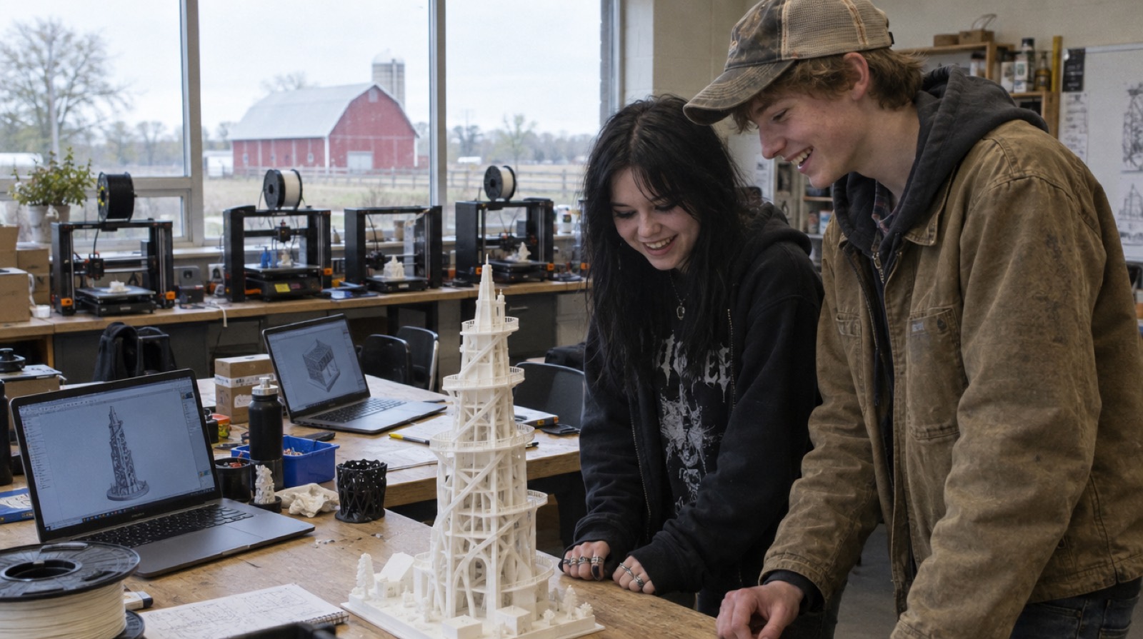 Two students laugh over a large 3D-printed tower in a new school 3D printing lab