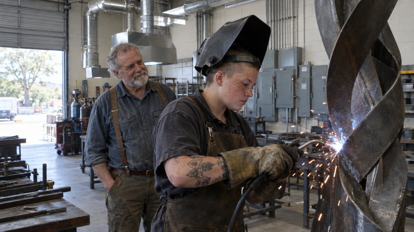 A student welds a tall steel sculpture in an upgraded metal shop while her shop teacher watches