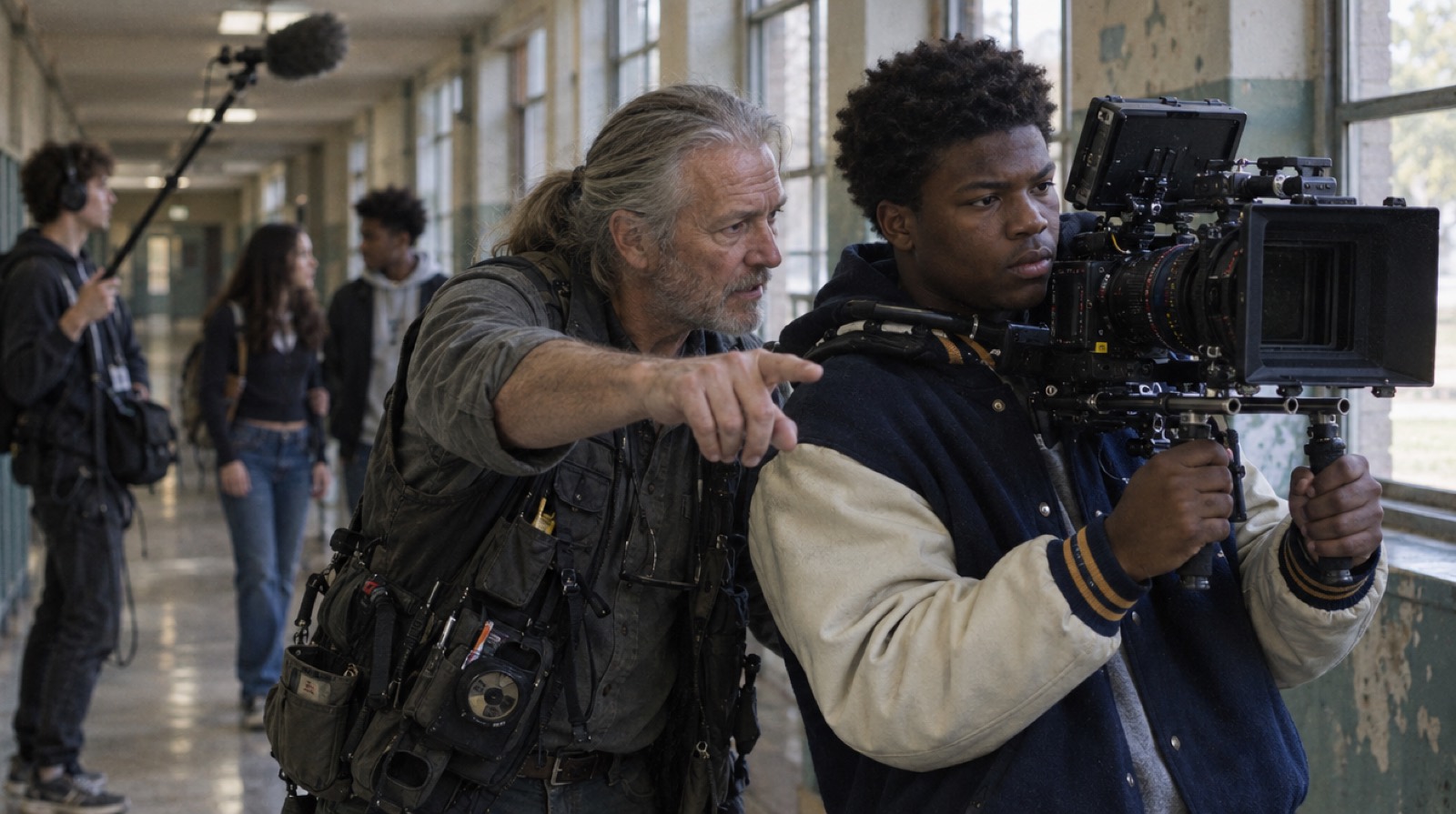 A veteran cinematographer coaches a student operating a cinema camera on a school film set