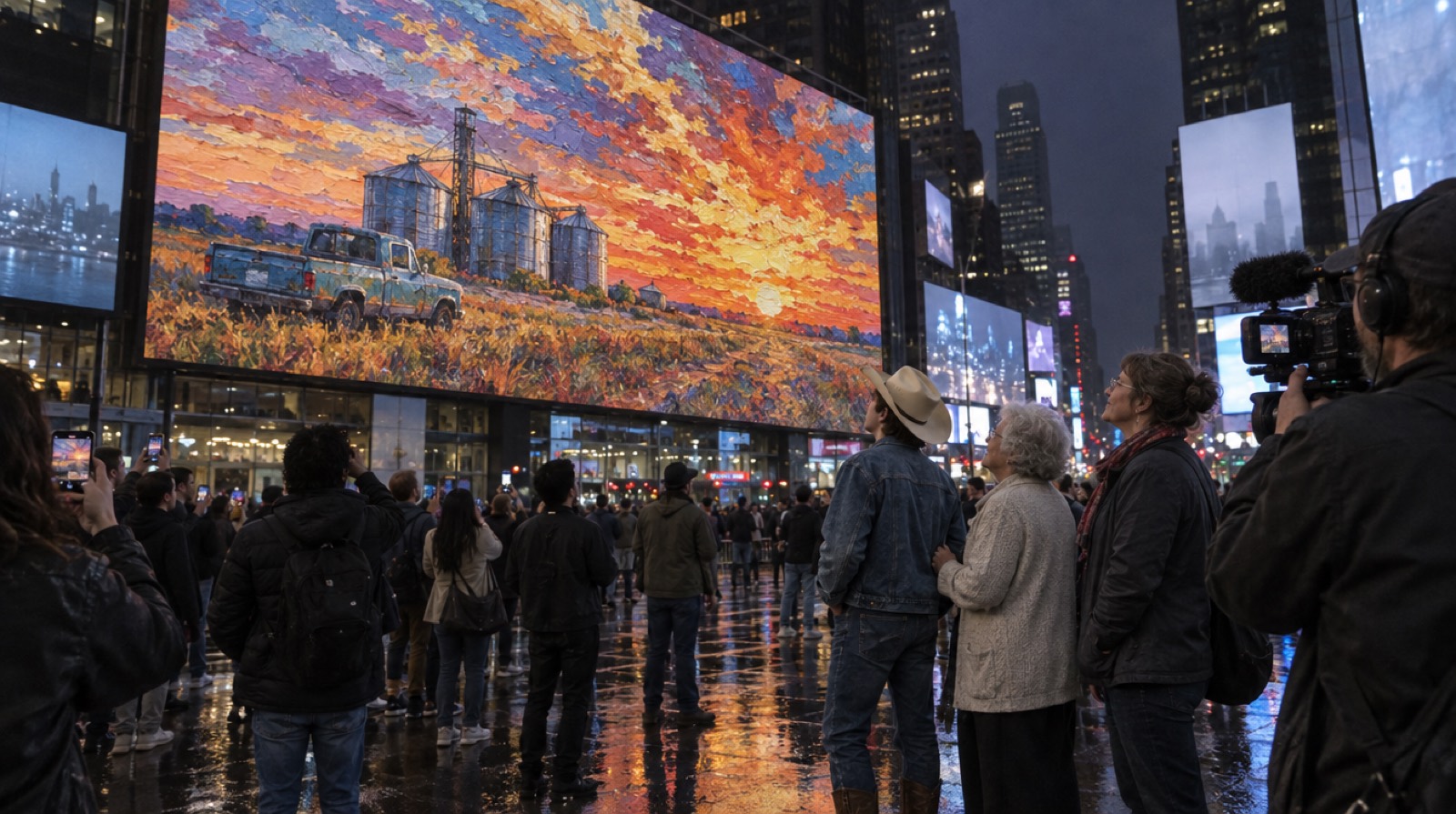 A student painting fills a Times Square billboard while the young artist and his family look up